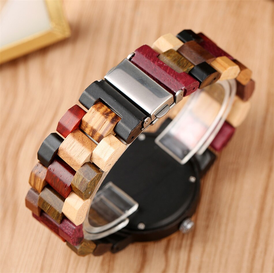 Mix-Gekleurde Houten Horloge Voor Koppels Quartz Houten Bangle Uurwerk Vouwsluiting Lover Natuurlijke Hout Horloges