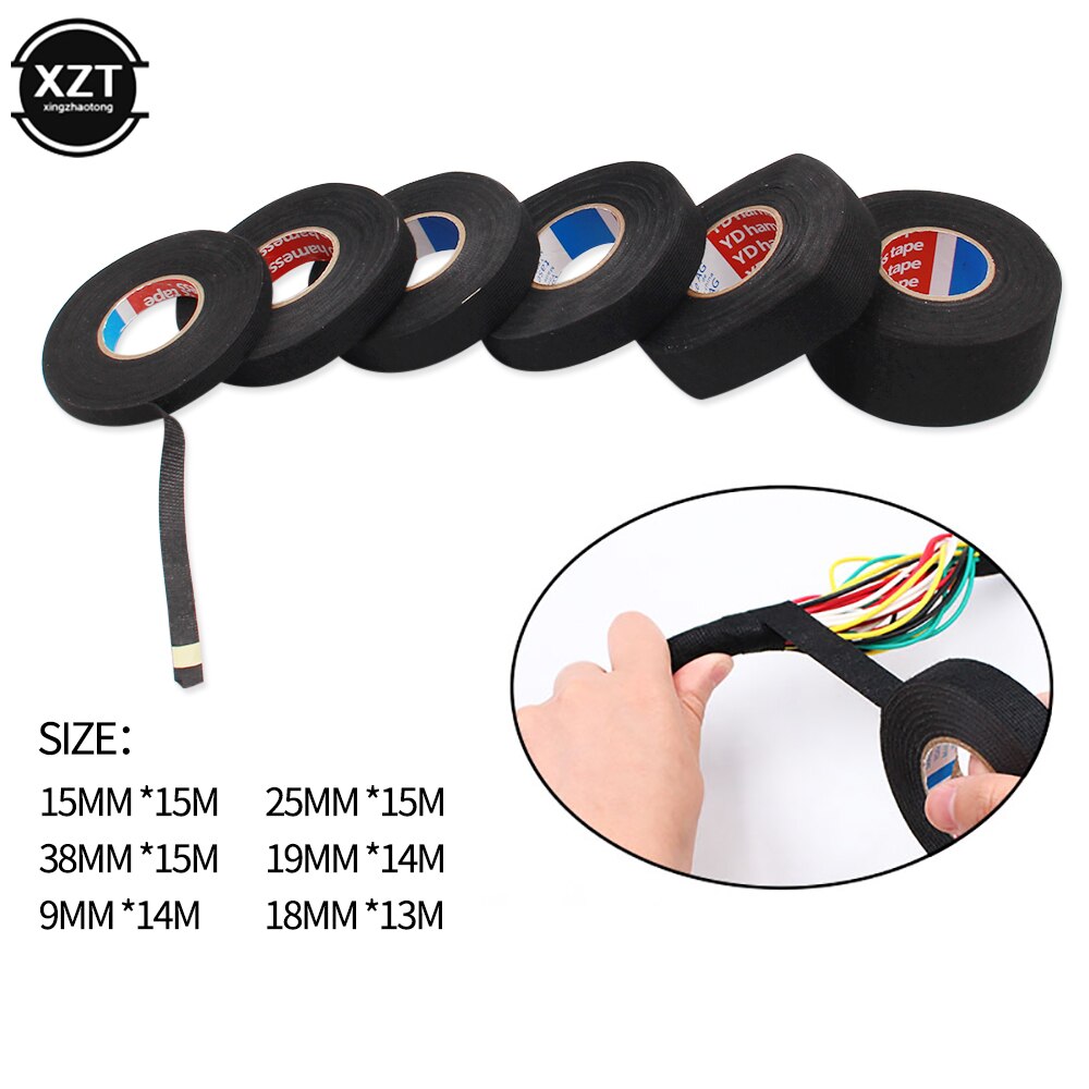 1pc Heat-resistant Adhesive Cloth Fabric Tape For Car Auto Cable Harness Wiring Loom Protection Width 9/15/19/25/32MM Length 15M