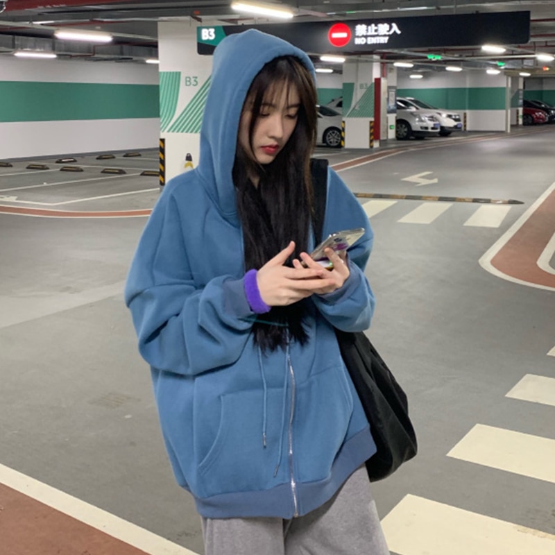 Sudadera con capucha para mujer, estilo japonés, Vintage, de Color sólido, manga larga, sobredimensionado, para oficina y mujer, abrigos grandes informales