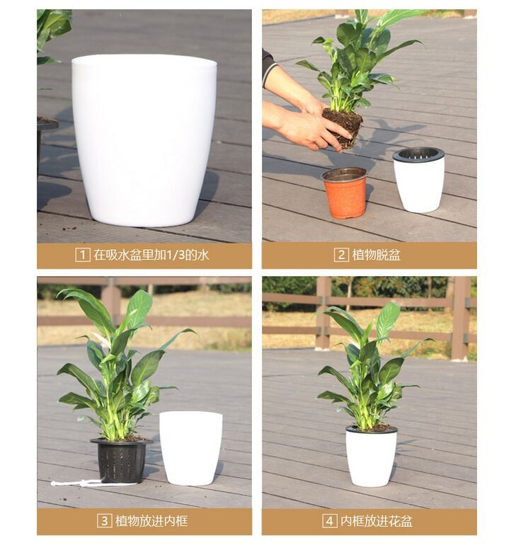 Self Watering Plant Flower Pot Imitation Pottery Automatic Water Absorption Planting Black And White Flower Pots Plastic Basin