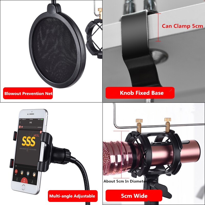 Karaoke Microphone Adjustable Suspension Arm Stand with Phone Clip Holder bm 800 Microphone Stand spider Shock Mount Windscreen