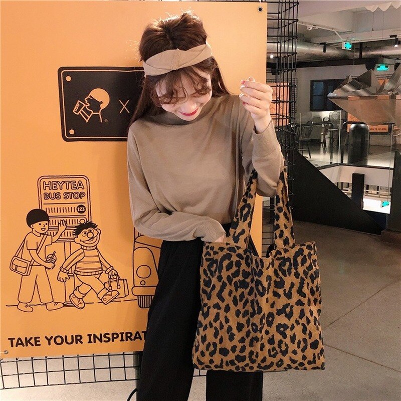 Kvinner skulder lerret shopper bag leopard print koreansk shopping bag casual kvinnelig veske bomull stoff tote poser for kvinner