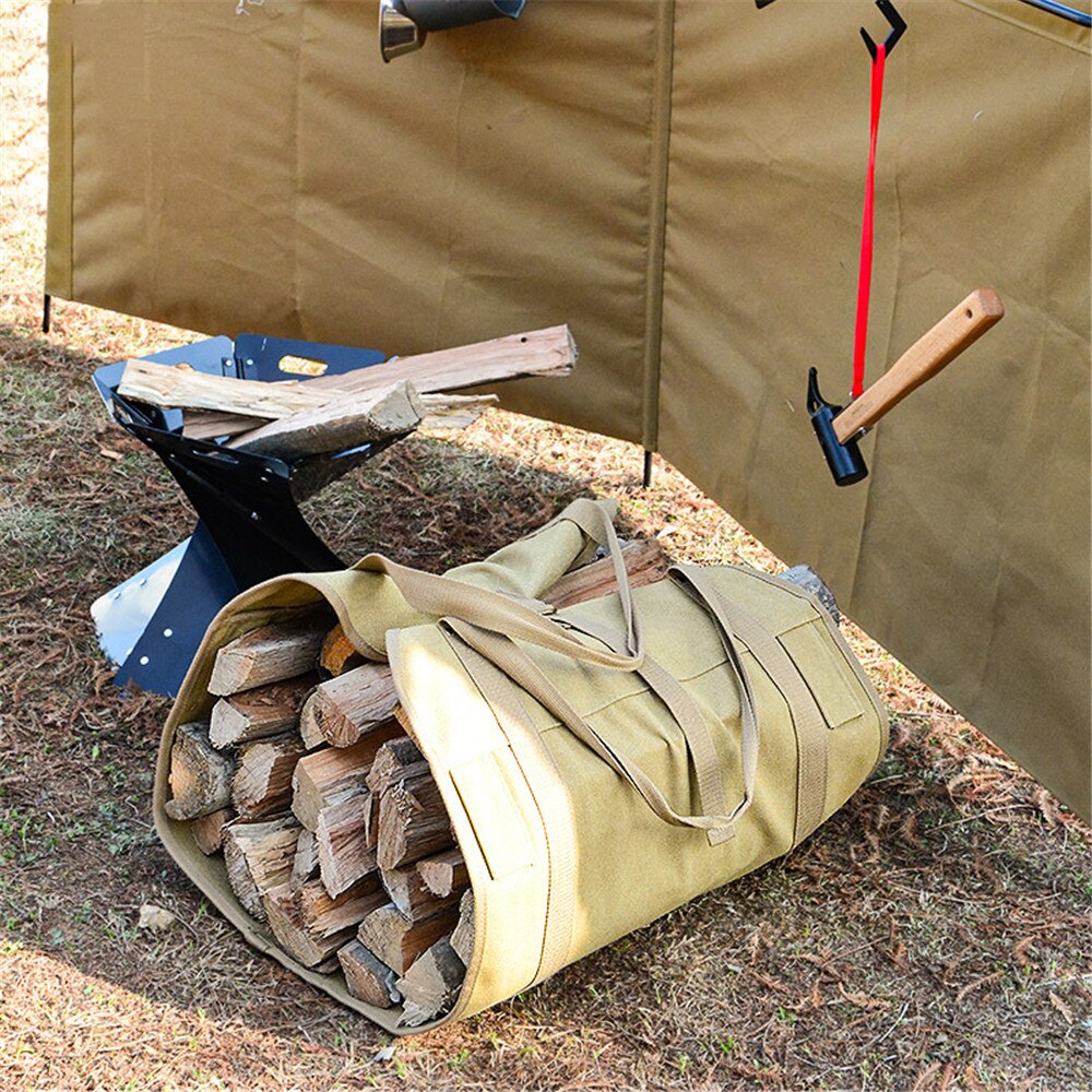 Bolsa de almacenamiento de madera para exteriores, manijas de lona de aleación de aluminio plegable a prueba de humedad con estante para acampar, soporte de almacenamiento de leña