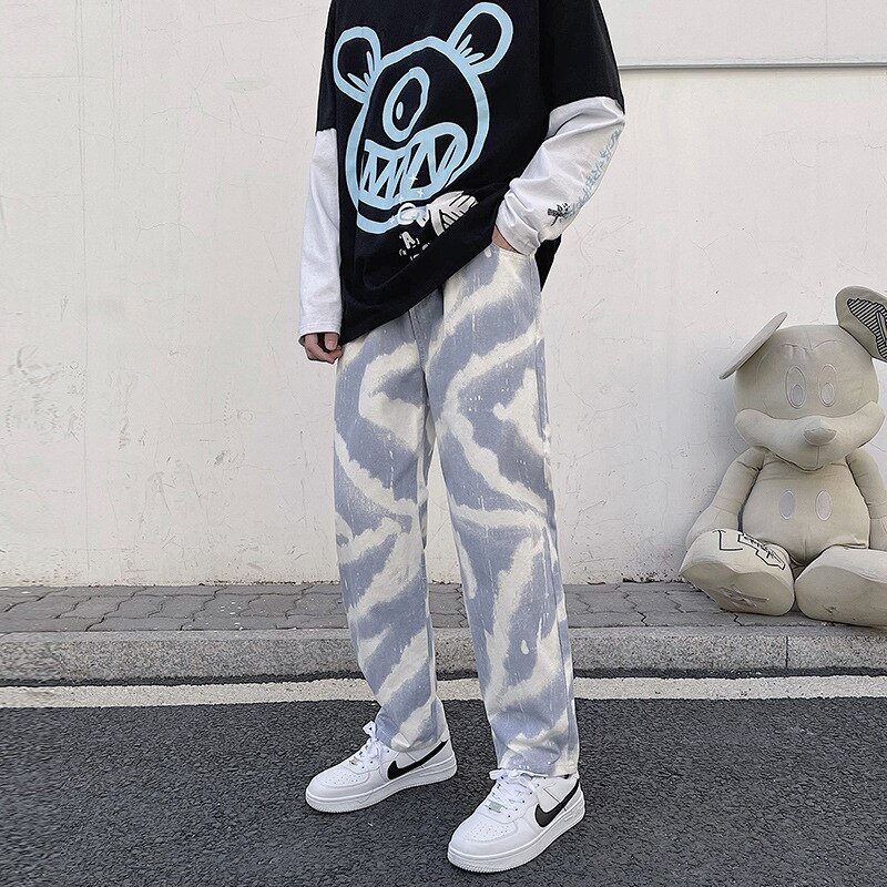 style spring and e spring andutumn Tie-Dye Sports Men's Casual Hip-Hop High Street Elastic Waist Trendy Wide-Leg Jeans