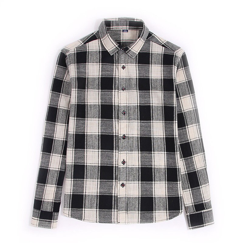 U&SHARK Men Vintage Plaid Shirt Long Sleeve Flannel Black Checkered Casual Shirts Chemise Homme Male Cotton Brown: Black / 38 165CM 60KG