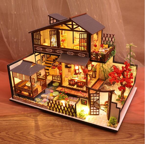 P002 big size DIY Poppenhuis Houten poppenhuizen Miniatuur Poppenhuis Meubels Kit Casa Speelgoed voor Kinderen