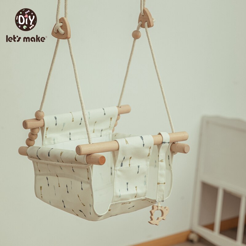 Let's Make Baby Swing Set Cartoon Canvas Chair Hanging Wood Outdoor Baby Toy Outdoor Small Basket Safe Recreation For Children