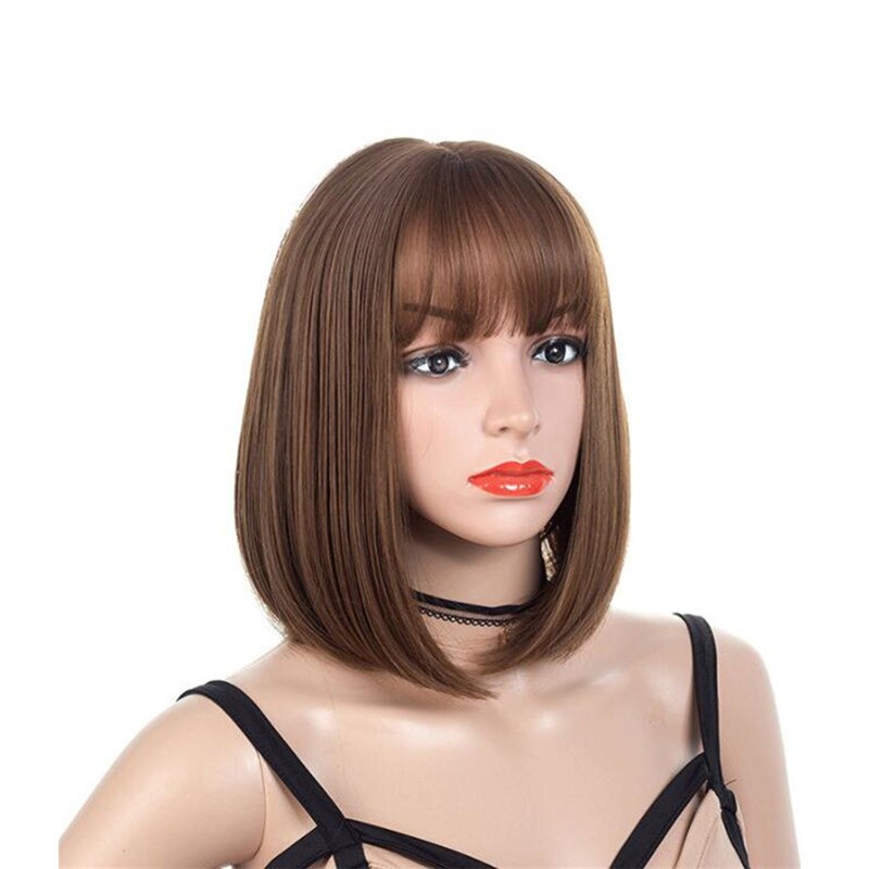 Hywamply, pelucas de Bob corto con clase de 14 "con flequillo, negro, marrón, aspecto sintético Natural, pelucas de mujer, uso diario, peluca de pelo liso