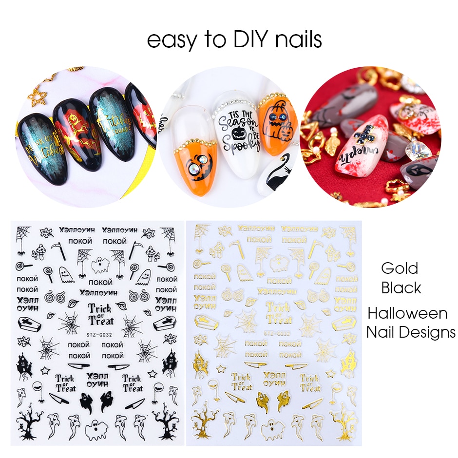 Halloween negler svarte klistremerker nail art dekaler edderkopp spøkelse gresskar kult skummelt skyveomslag negledekor manikyr chstzg 032-040