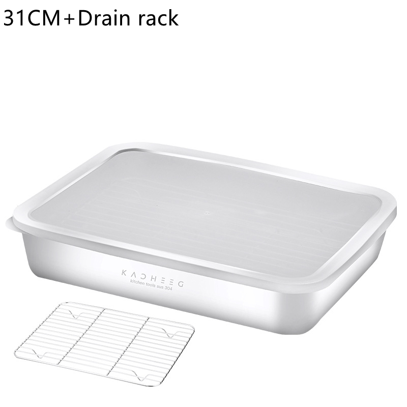 304 Stainless Steel Food Storage Box Refrigerator Food Storage Containers With Lid For Vegetable Fruit Meat Fresh Box Organizer: 31cm with rack