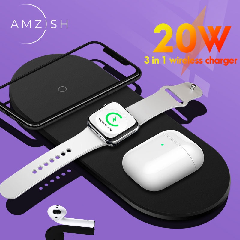 Amzish 15W Snelle Qi 3 In 1 Draadloze Oplader Voor Iphone 8 Plus X Xr Xs 11 Max Draadloze opladen Dock Voor Airpods Apple Horloge 4 3 2