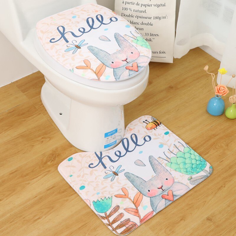 2 unids/set estilo de dibujos animados inodoro cubierta en forma de U-Mat de asiento de inodoro lavadora alfombra: Rabbit
