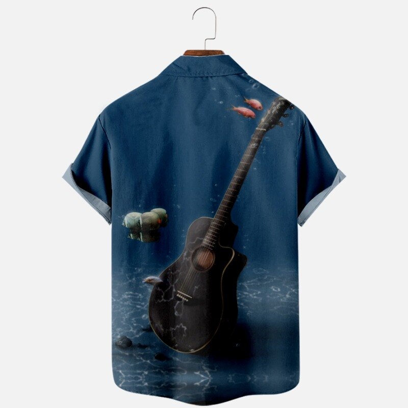Camisa de manga corta con solapa para hombre, Top con bolsillos, estampado 3D de guitarra en alta mar, talla grande, 2022