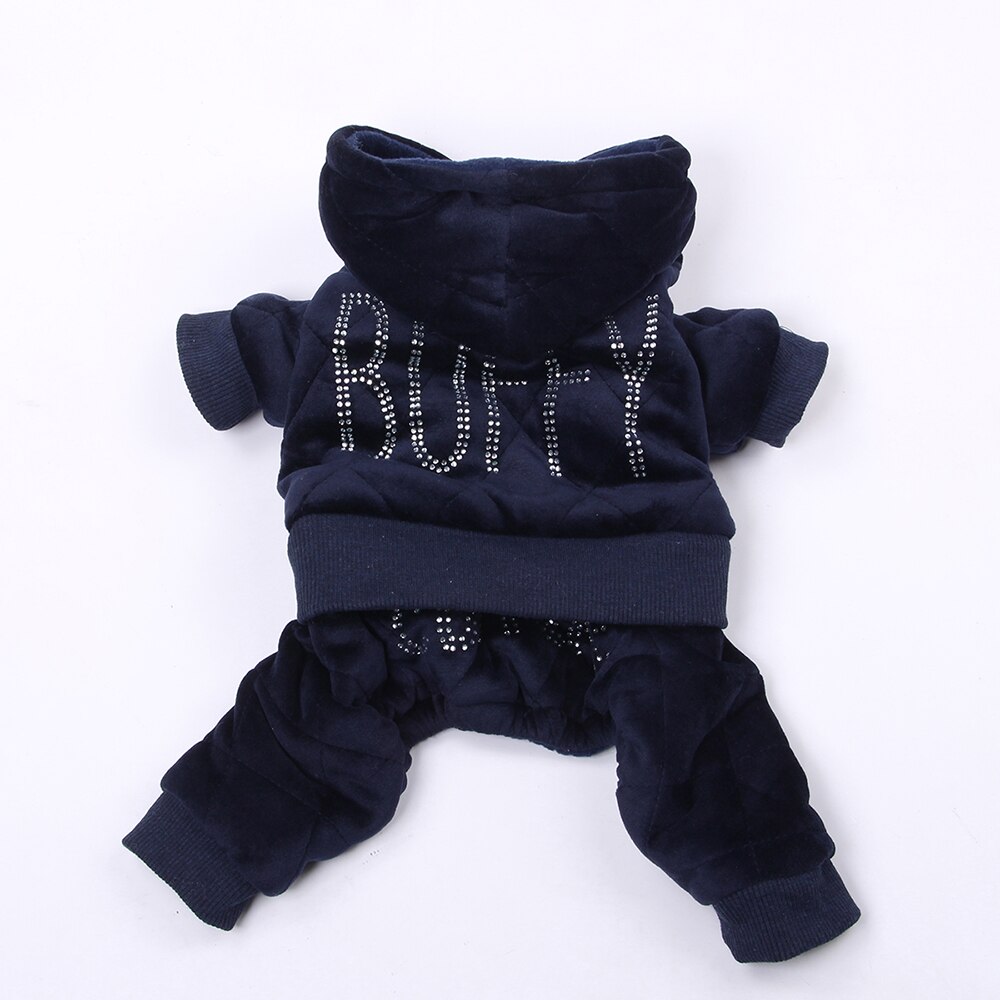 Hund katt sammet kappa jacka klänning strass katt valp fleece hoodie jumpsuit vinter varma kläder outfit: Marinblå / Xl