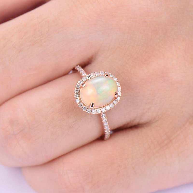 Huitan Gesimuleerde Opal Engagement Ring Voor Vrouwen Met Micro Verharde Rose Goud Kleur Ovale Opaal Ringen Voor Vrouwelijke ring