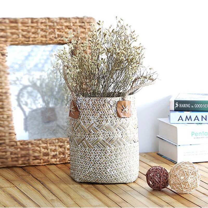 2Pcs Vintage Wipe White Straw Flower Basket Pot Natural Seagrass Woven Storage Basket Garden Flower Vase Hanging Wicker Baskets