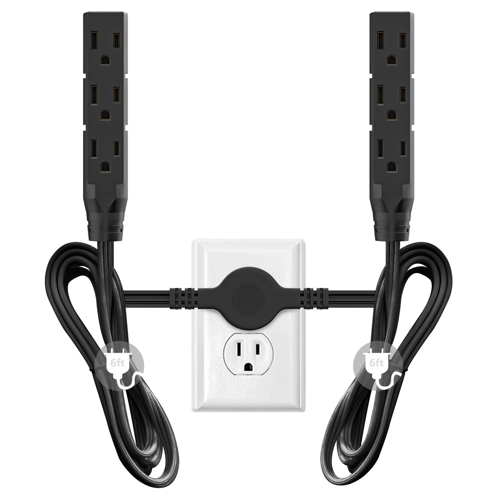 12 FT Twin Extension Cord Power Strip with 6 AC Outlet 3 Prong Plug Extender Double Electric Extension Cable Wire Splitter 16AWG: black
