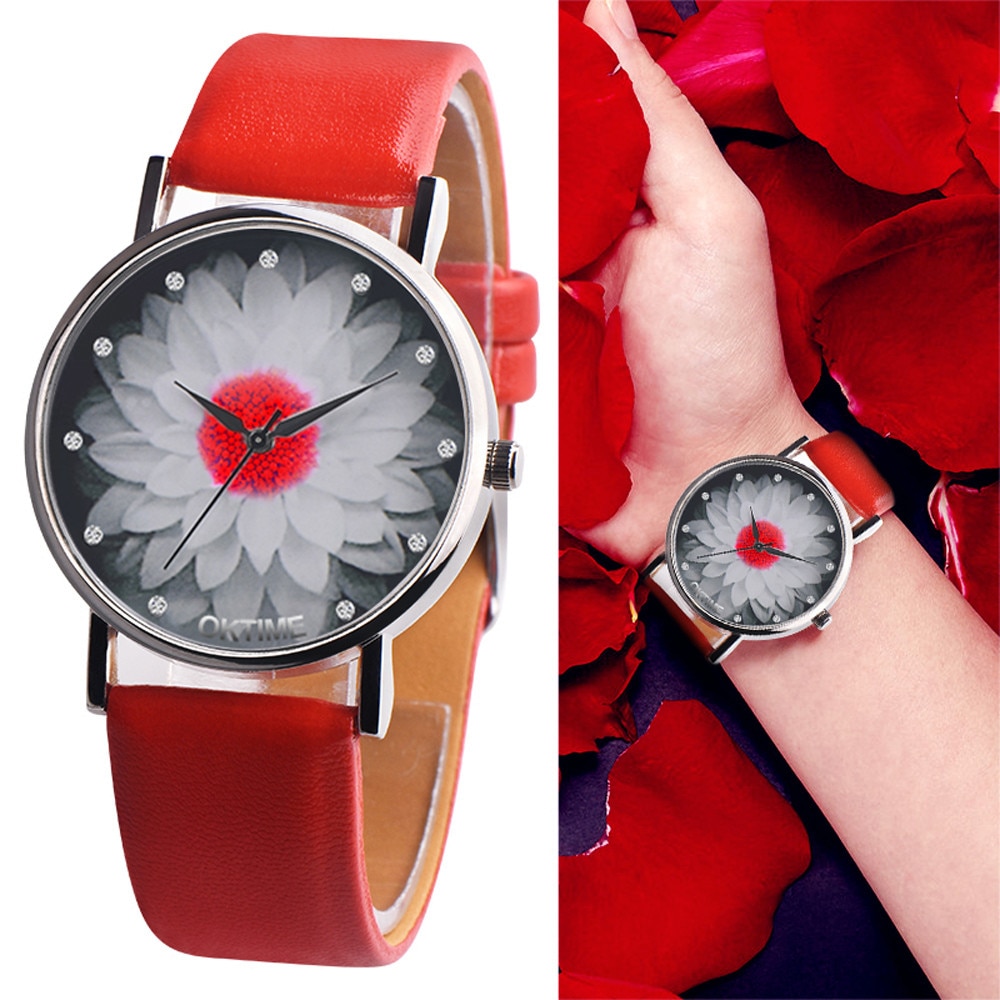 Womens Horloges Armband Dames Klok Mode Bloem Lederen Analoge Quartz Stijlvolle Wrist Watch Horloges Klok Relogio Feminino