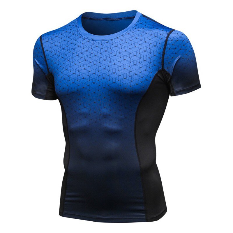 Mannen PRO Fitness Korte Mouw Print Gradiënt Sport Running High Velocity Droog Drogen T-Shirt Strakke Mouw