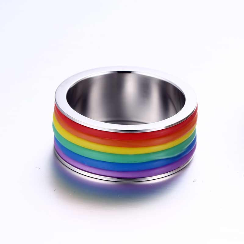 JHSL Men Colorful Silicone Rainbow Gay Rings Stainless Steel Jewelry Size 6 7 8 9 10 11 12 13