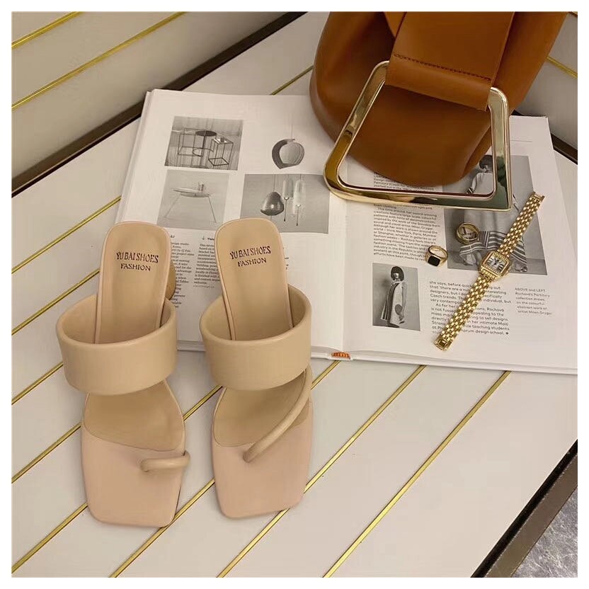 Sommar sandaler dam skor högklackat tofflor dam toffel utomhus rutschbanor träklackar sandaler femmes sandaler: Beige / 6