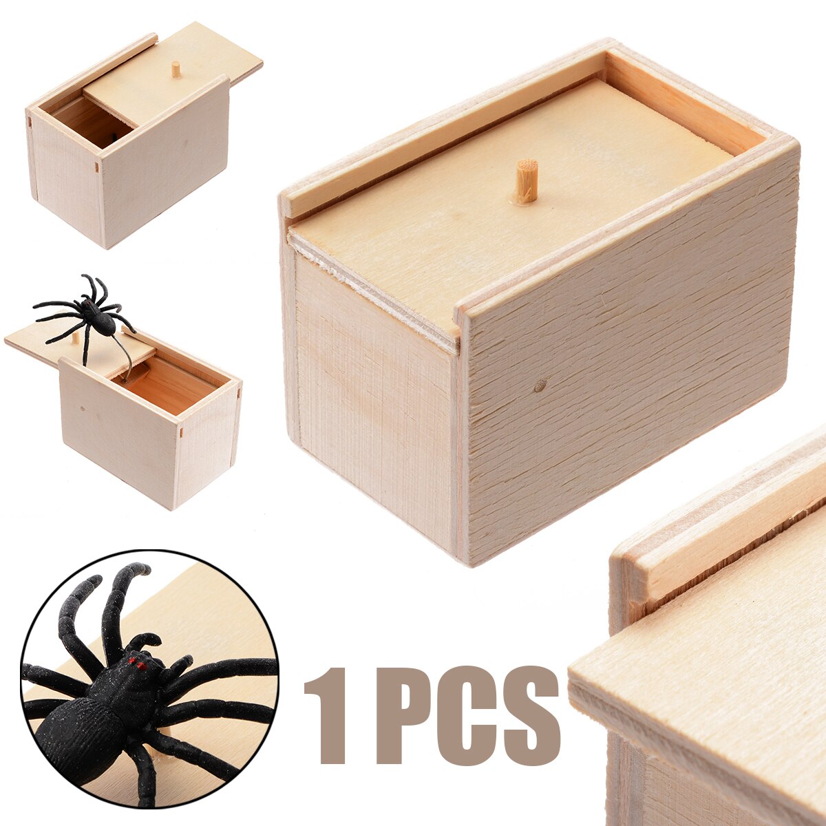 Broma de Halloween de miedo araña caja gracioso broma caja de madera Prop tonto día de miedo de niño chico juguete Festival truco a Favor