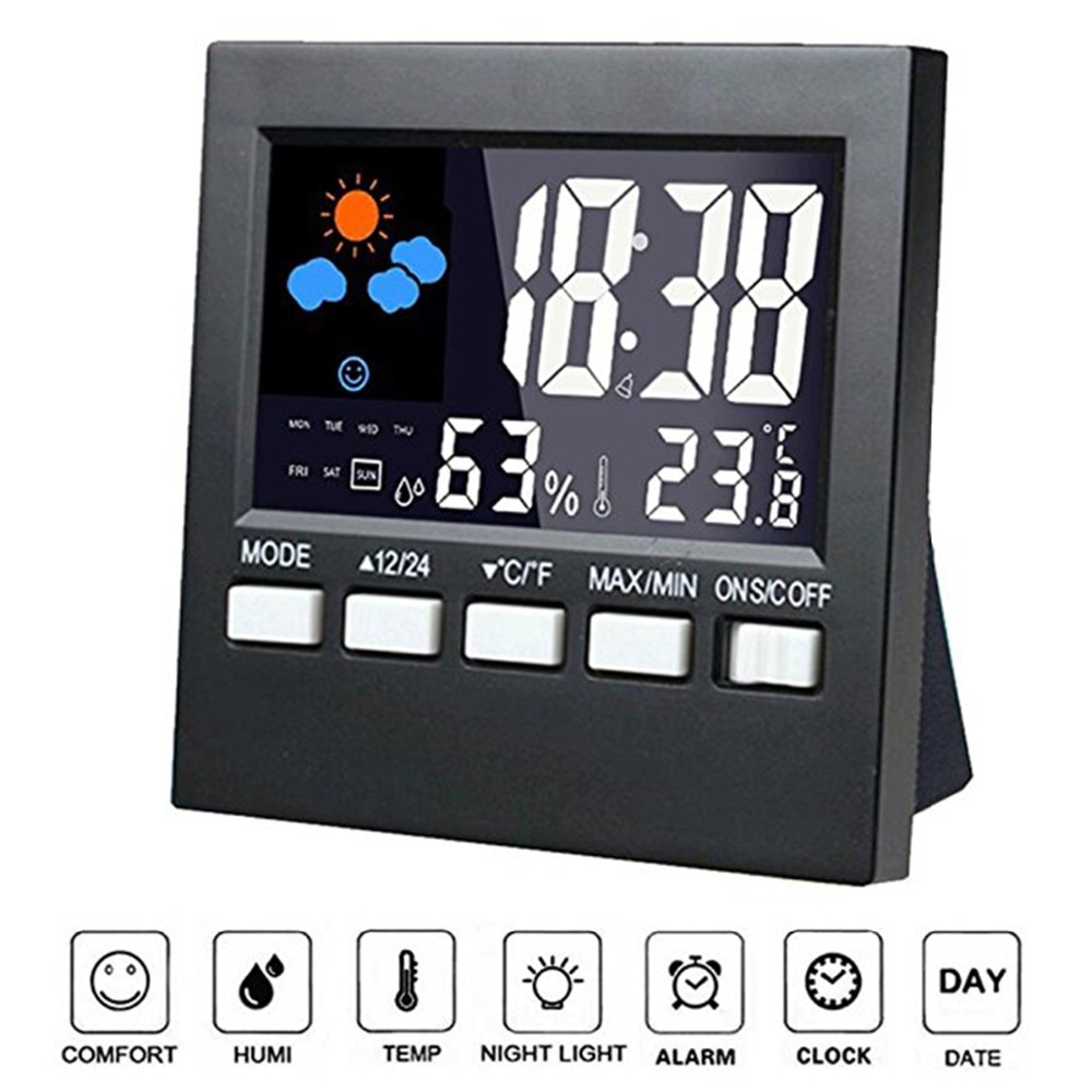 LCD Digital LED Alarm Clock Date Weather Temperature Humidity Travel Backlight Electronic Clock Snooze Function Desk Table Clock