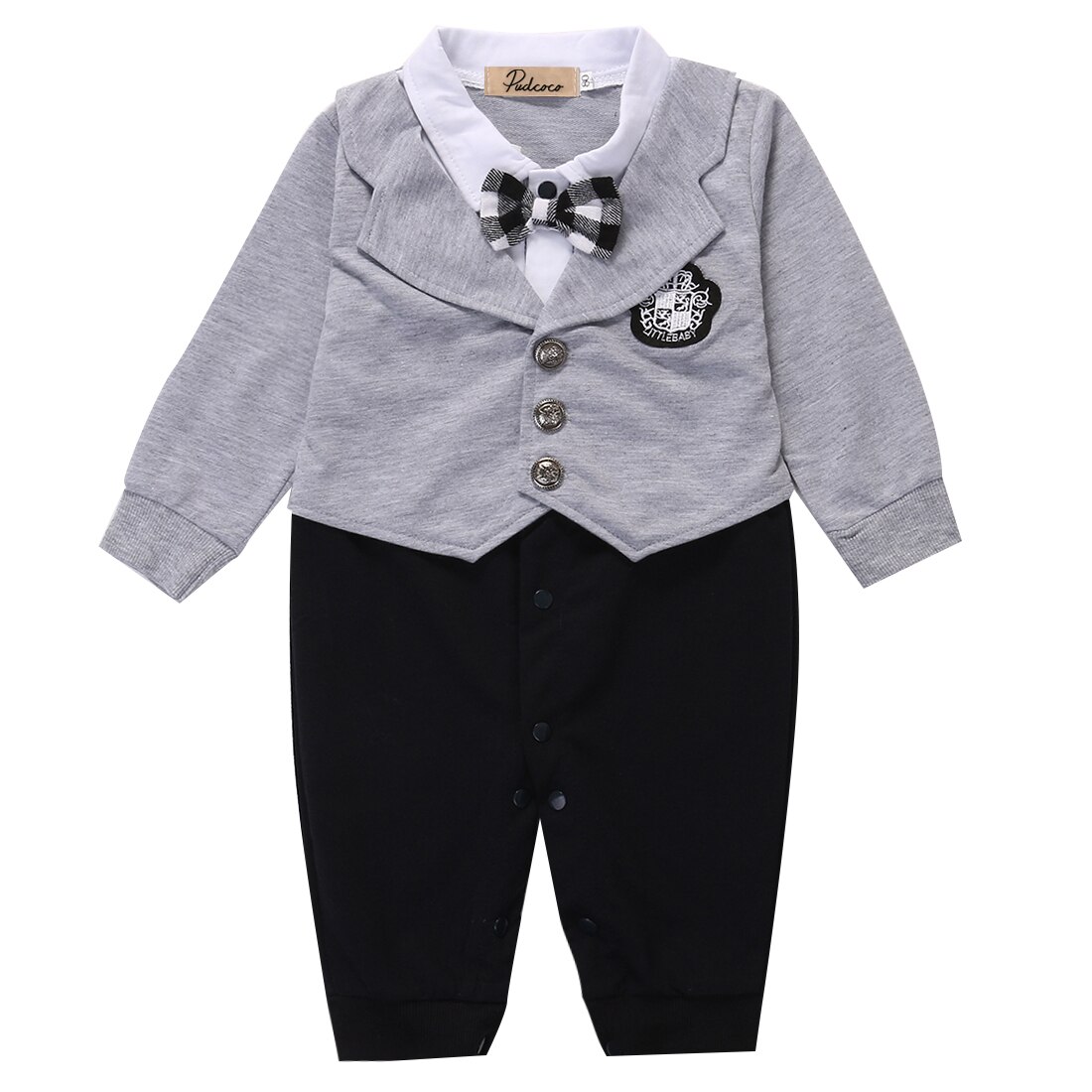 Baby Boy Lange mouw Gentleman Strik Een Stuk Romper: Grijs / 24M