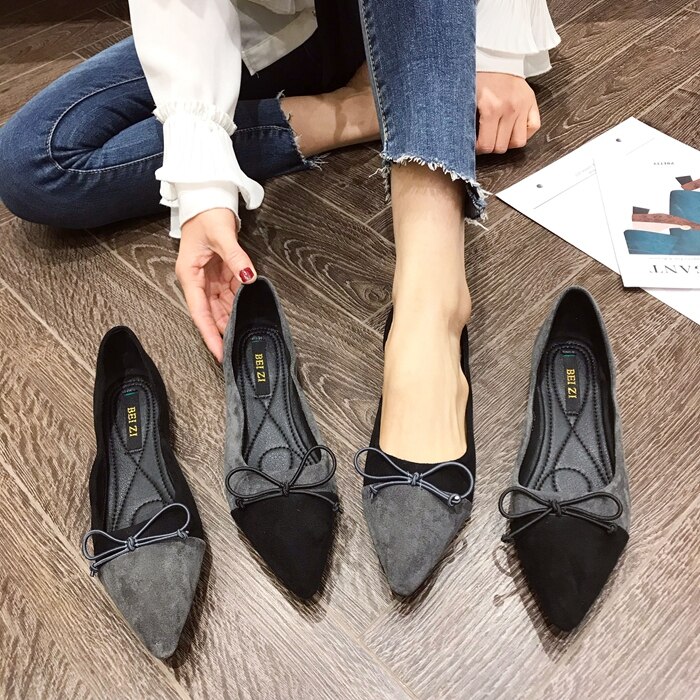 black/gray patchwork suede leather flat shoes woman pointed toe bowtie ballet flats big size 41 mules women slip on loafers