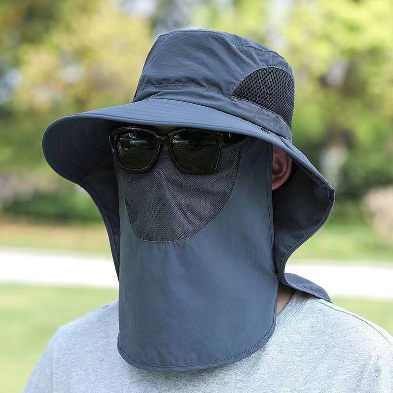 Chapeau Protection Solaire 360° - Large Bord - Chapeau Camouflage Amovible - Casquette Voyage Plein Air Homme: Bleu ciel