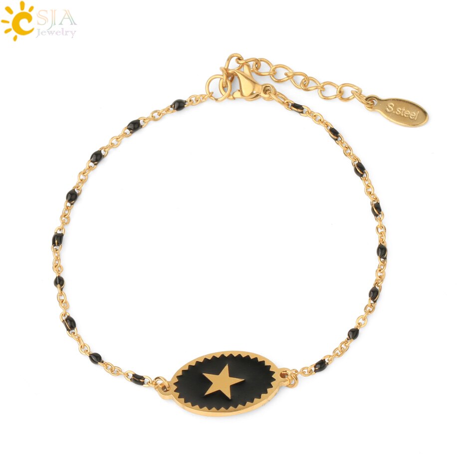 CSJA, pulsera de acero inoxidable para mujer, colgante de estrella esmaltada, cadena de eslabones de Color dorado con cuentas, delicado Delgado, pulseras Inoxydable Acier S718