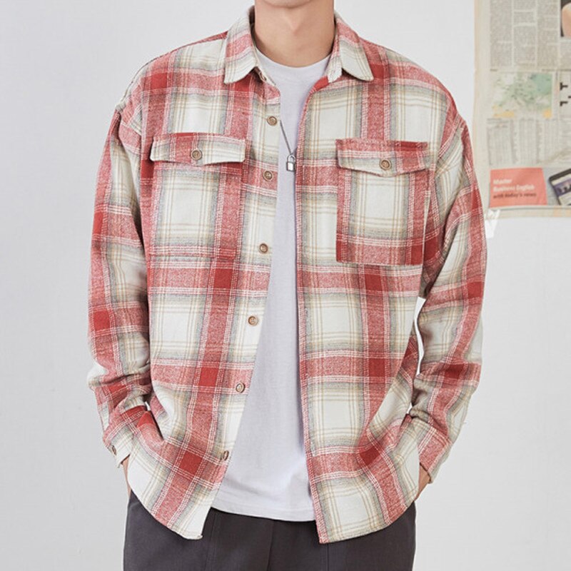 Autumn Winter Men&#39;s Square Plaid Multi-pocket Japanese Flannel Long-sleeved Shirt Classic Harajuku Style Office Men Work Tops