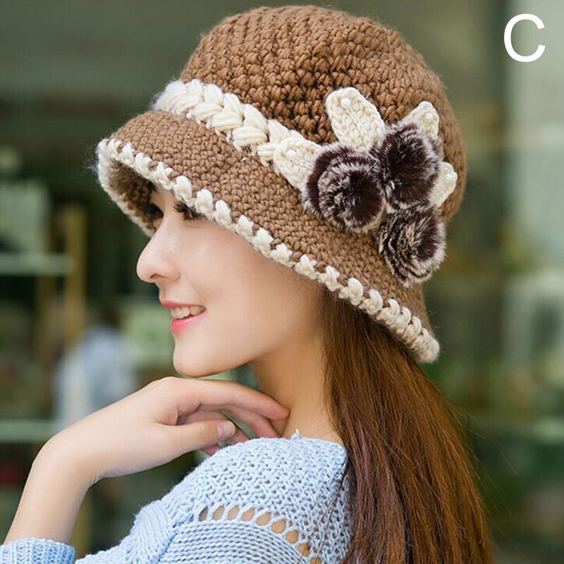 Women Woolen Beanie Hat Winter Knitted Caps With Flower Pattern Ladies Warm Bucket Hats Capot: 03