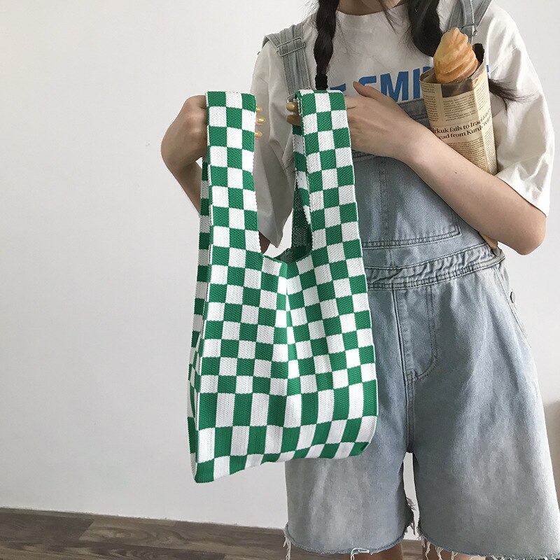 Borsa a tracolla da donna con motivo a quadri borsa da donna a maglia grande Tote Eco borse da Shopping borse da viaggio per studentesse: B