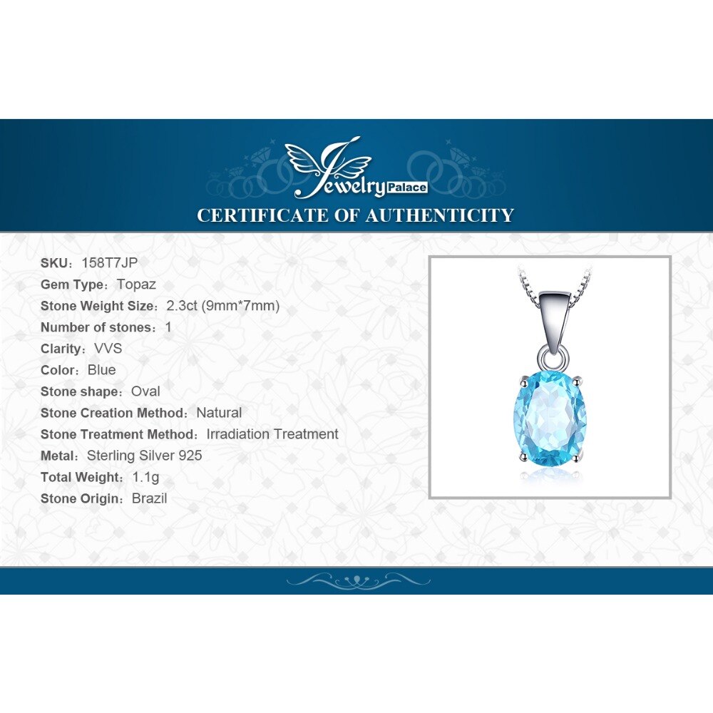 JewelryPalace Natural Blue Topaz Pendant Necklace 925 Sterling Silver Gemstones Choker Statement Necklace Women Without Chain