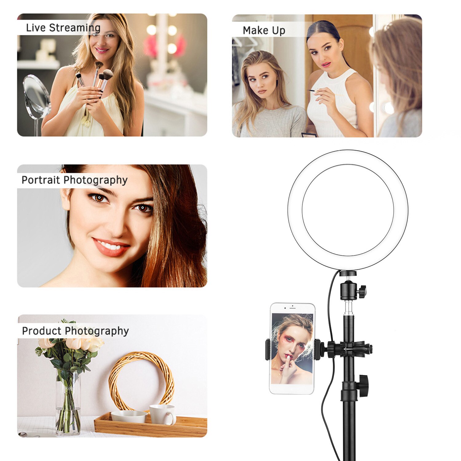 Ring Light Kit 20cm Diameter 3000K-6500K Bi-color Dimmable Ring Video Light + Mini Ball Head + 50cm Light Stand + Fixing Clamp