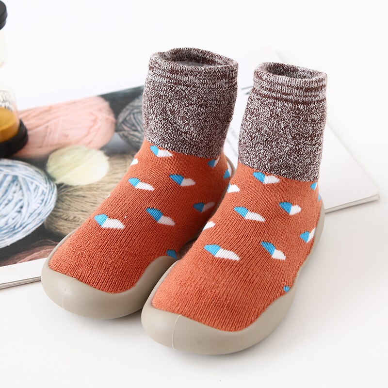 Unisex Toddler Socks Shoes Anti-slip Baby First Walker Shoes Boys Girls Kids Rubber Soft Floor Shoes Winter Warm Knit Booties: Orange / 12.5CM(6-12Months)