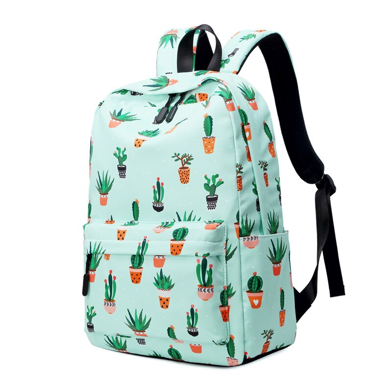 atinfor Brand Waterproof Nylon Lightweight Cactus Printing Backpack Women 16.5 inch Middle School Student Book Bag