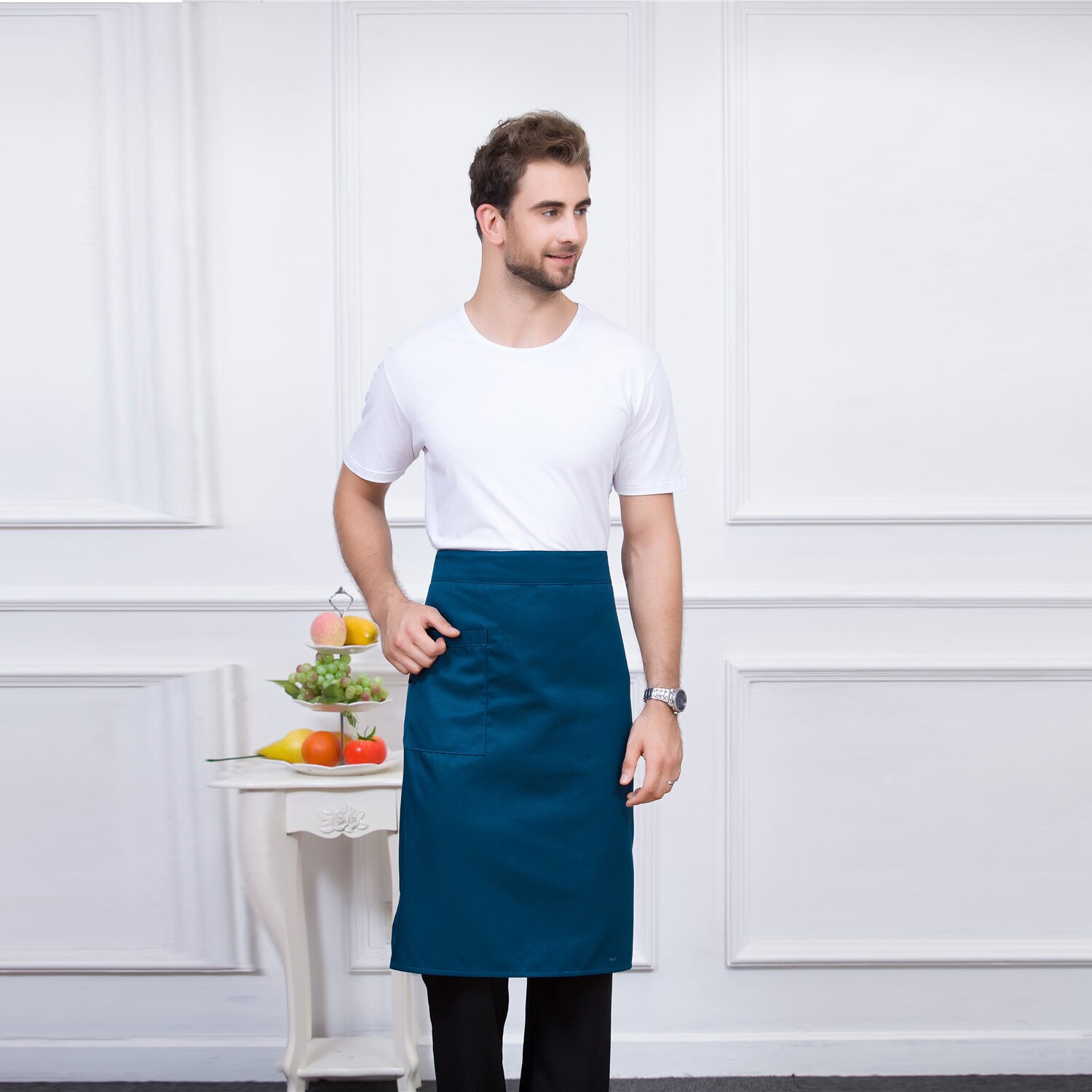 Flerfarget unisex kjøkken kaffebar baker kokk kelner matlaging arbeid slitasje matte serveringsforkle med en lomme