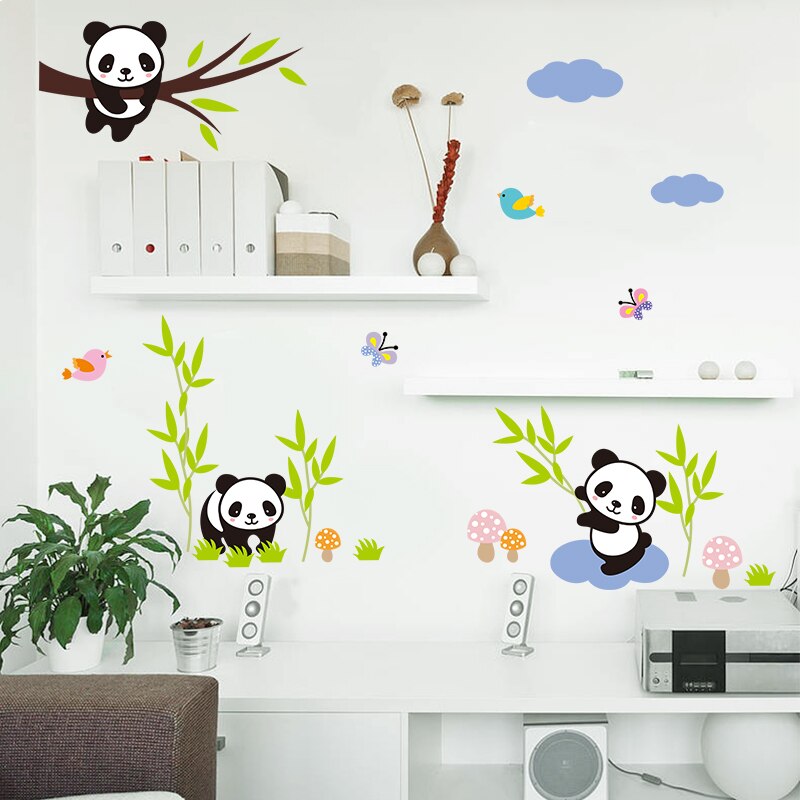 Leuke Panda Boom Bamboe Vogels Witte Wolken Muurstickers Voor Kinderen Kamers Nursery Room Decor Diy Art Decals Pvc Muur sticker