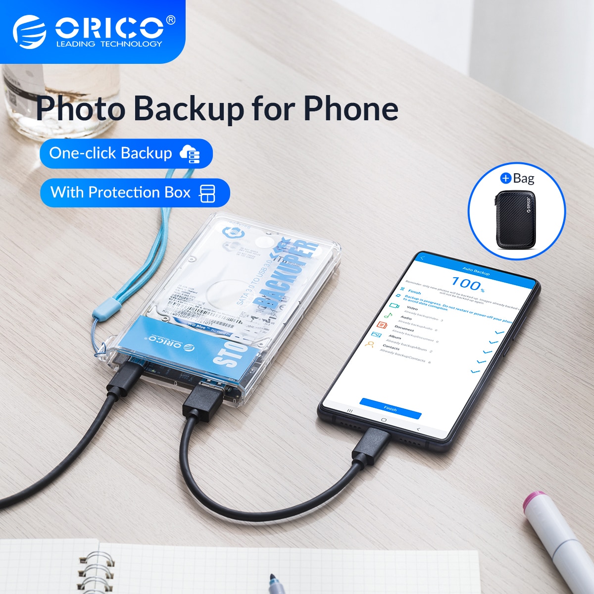 Orico, backuper com bolsa, suporte de dados móvel, backup e sincronização, 4tb 5gbps, telefone móvel, vídeos corporativos/fotos, backup para disco rígido