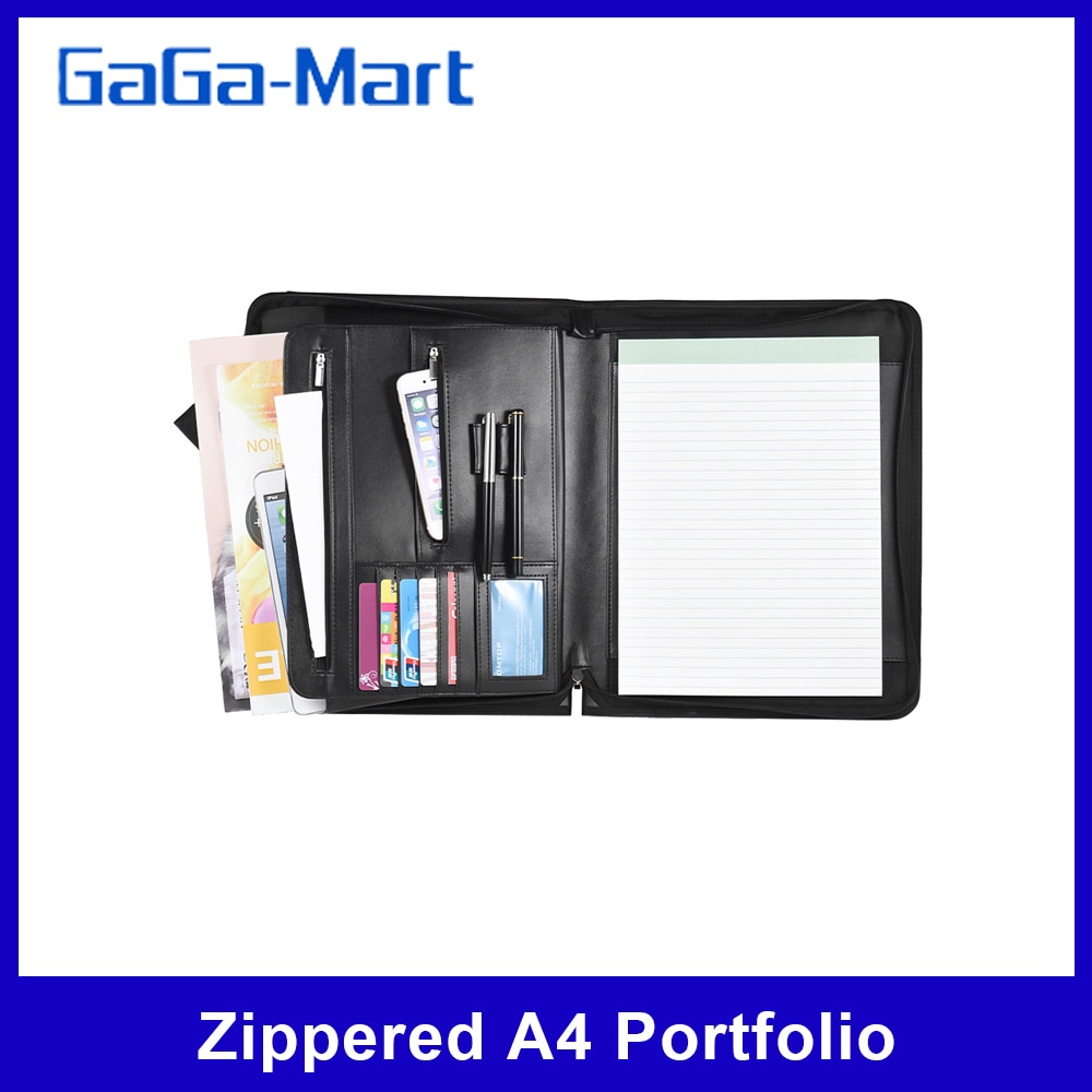A4 Portfolio Zippered Multifunctional Padfolio File Organizer with Writing Pad Card Pockets for Business Office