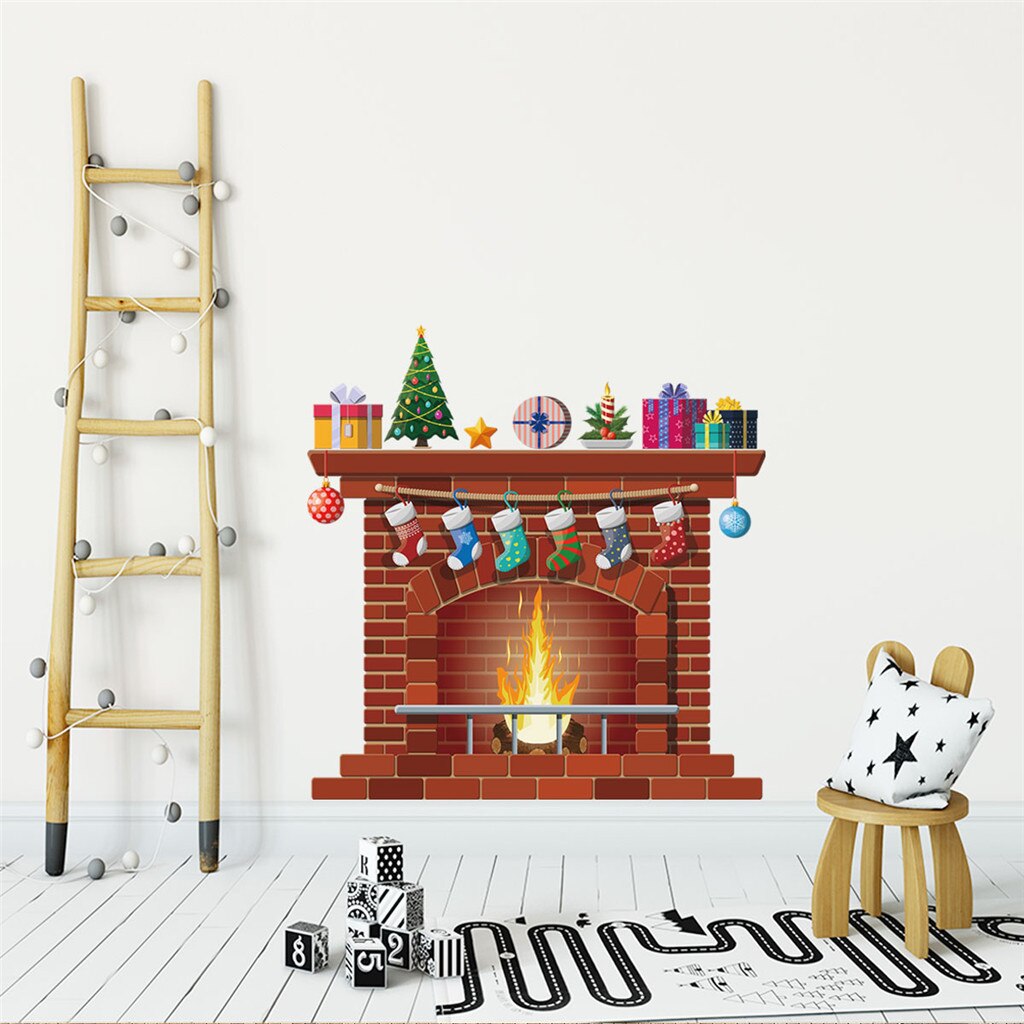 Cheminée de noël imprimer Stickers muraux Mobile Stickers muraux décoratif mur fenêtre décoratif mur Art papier peint 30