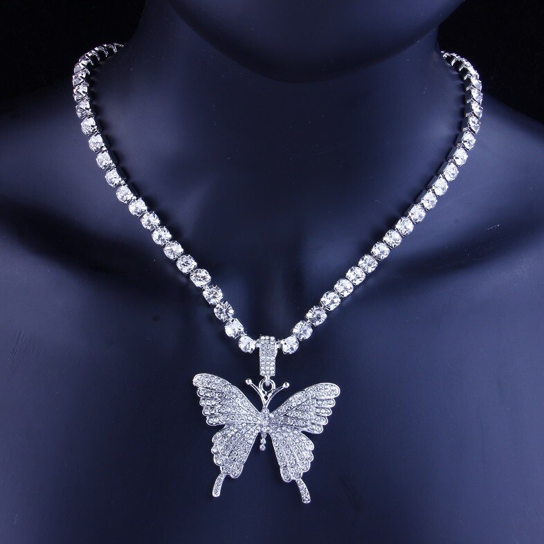 MosiMolly Rhinestone Butterfly Necklace Pendants Women Jewelery Neck Chain Choker Crystal: Silver