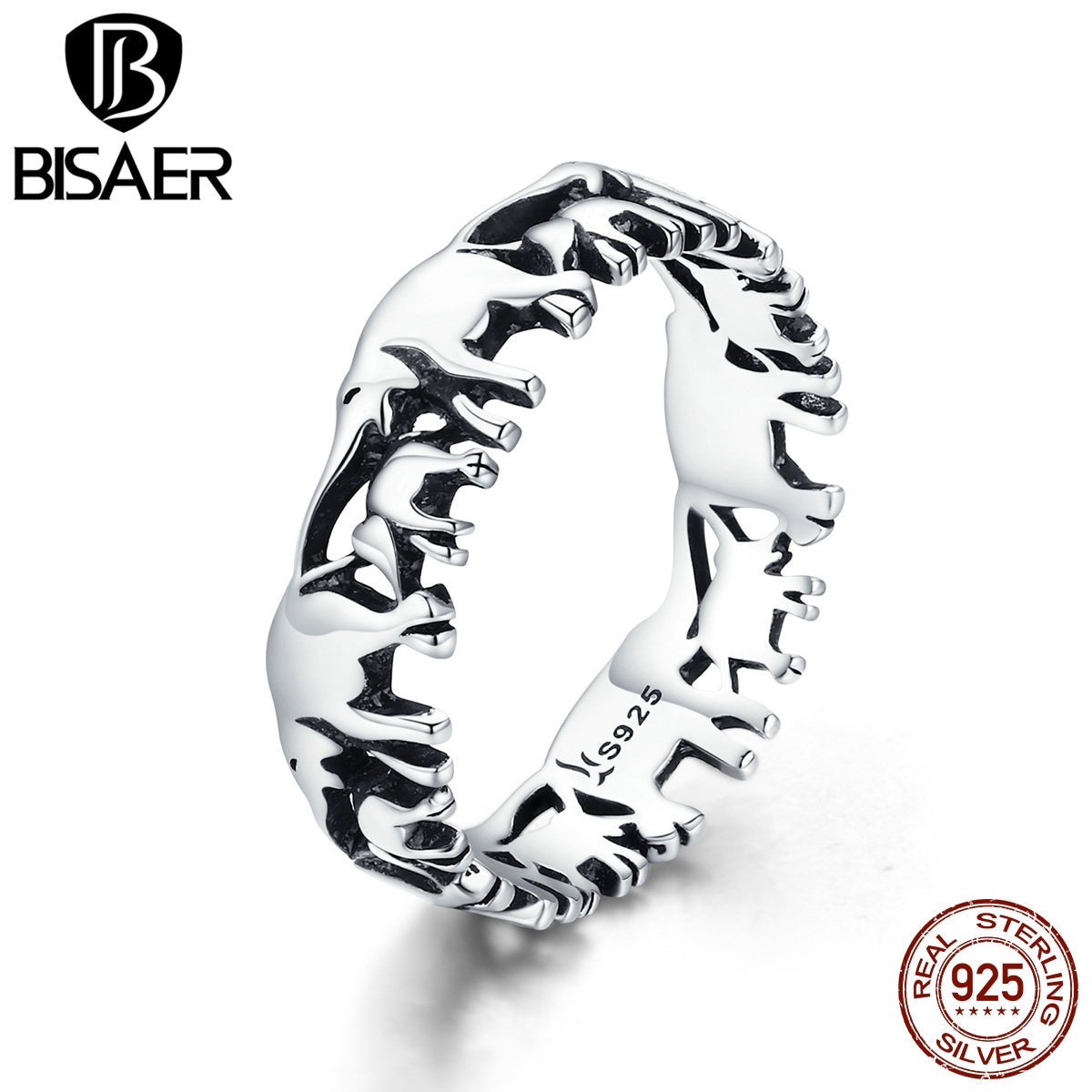 BISAER 925 Sterling Argento Anel Partito Vintage Silver Ring Animale Impilabile Elefante Delle Donne Anello di Barretta Dei Monili di Cerimonia Nuziale ECR344