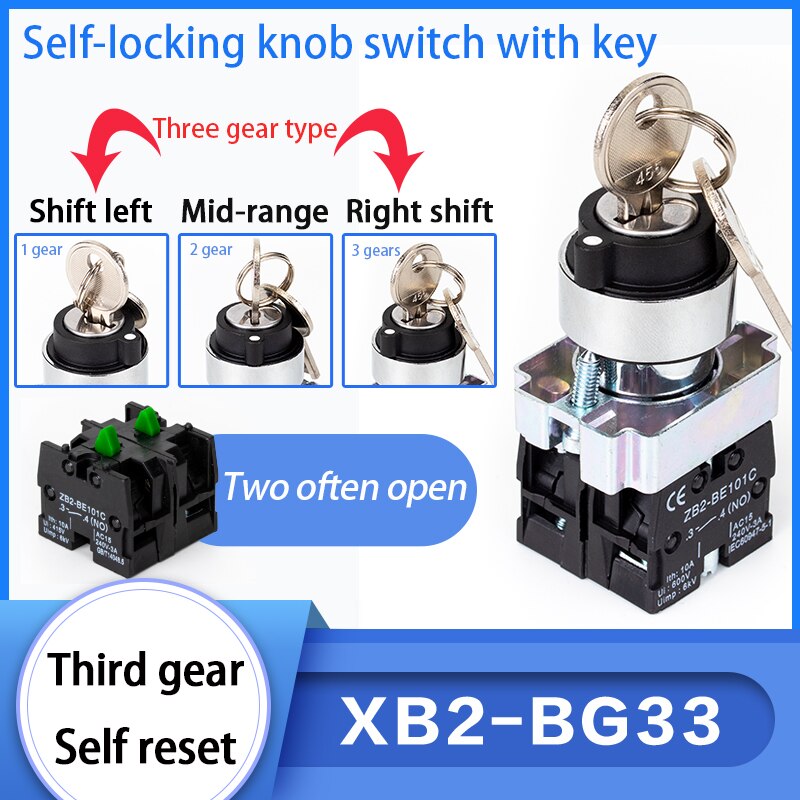1pc XB2 Panel Mounted Key Rotary Start Locking or Self reset Pushbutton Switch 2Positions/3Positions XB2-BG 22mm: XB2-BG33 / Brass contact