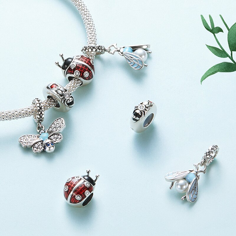 WOSTU-Colgante de Plata de Ley 925 auténtica para mujer, dije de mariquita y mariposa, apto para pulseras, fabricación de joyería DIY, para