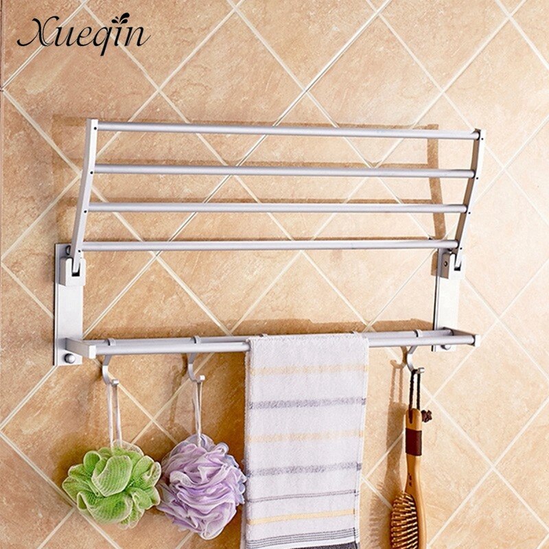 2 Layer Alumimum Foldable Bathroom Towel Rack Holder Wall Mounted Storage Hanger Kitchen Hotel Towel Clothes Shelf With 5 Hooks