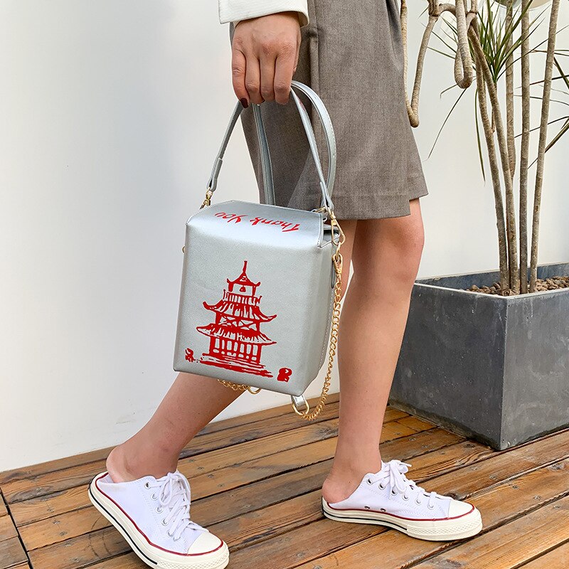 Kvinner dame pu crossbody bag kinesisk take-out boks form tårn print skulderveske med kjede stropp