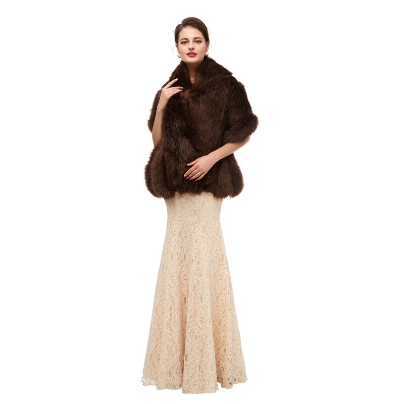 Auf Lagerbier Frauen Braun Pelz Schal Hochzeit wickeln Für Formale Kleid Cheongsam Verheiratet Oberbekleidung Braut Kap Herbst Winter Boleros